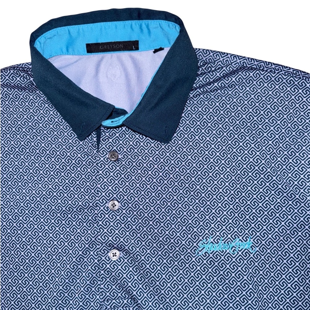 Greyson Shadow Creek Mens Large Navy Geometric Greek Key Golf Polo Shirt Stretch